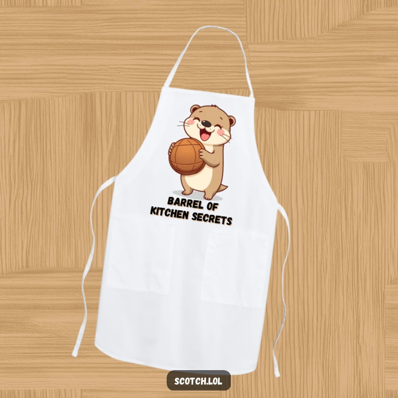 Funny otter apron for cooking, with a happy otter holding a barrel, bringing playful river vibes to the kitchen.