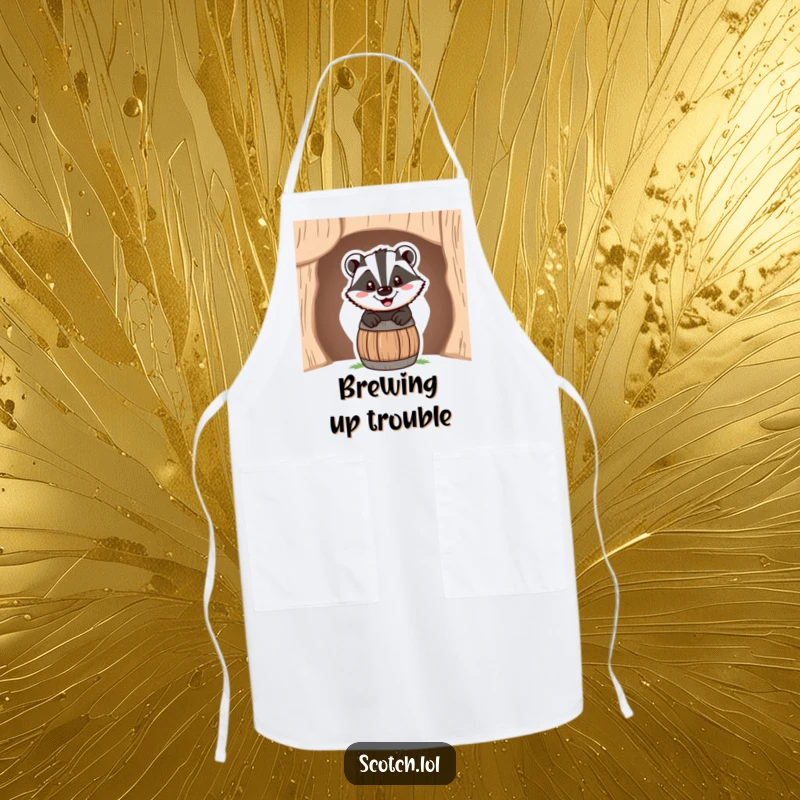 Funny Apron with a happy badger peeking from a miniature barrel, its cheerful grin ready for kitchen duty.