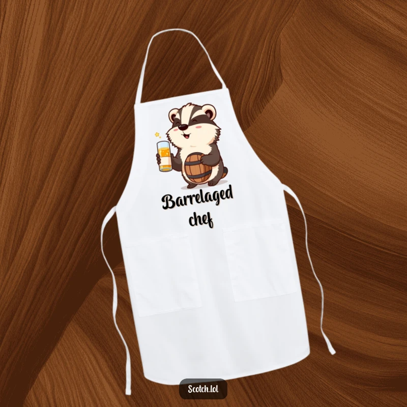 Funny Badger Apron toasting with a miniature whisky barrel, a humorous and practical kitchen accessory.