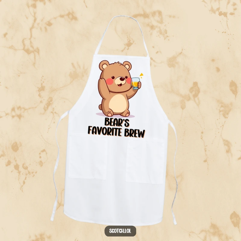 Funny Bear Apron raising a small whisky glass in a toast, a humorous and practical kitchen accessory.