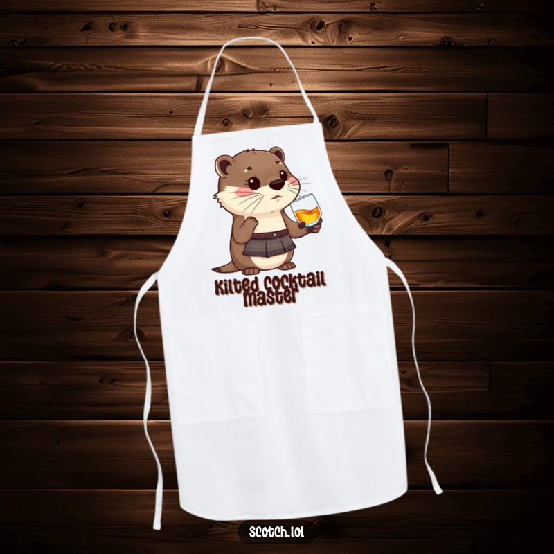 Funny Otter Apron in a kilt, holding a whisky glass, a humorous and practical kitchen accessory.