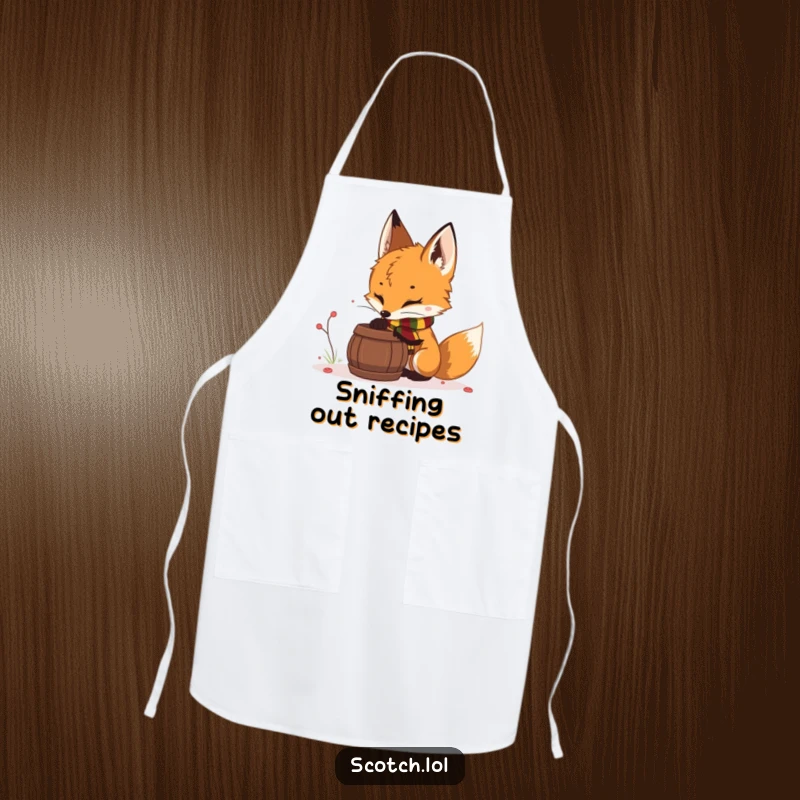 Funny fox cub apron for cooking, with a fox cub in a scarf sniffing a barrel, bringing woodland charm to the kitchen.