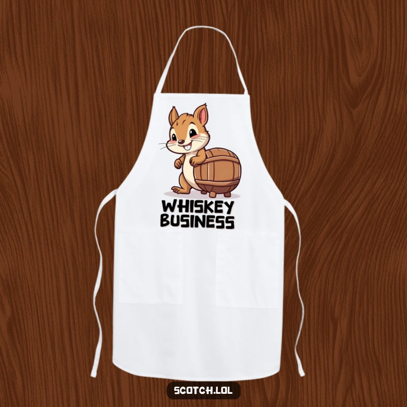 Funny Apron showing a smiling squirrel attempting to roll a miniature barrel shaped like a whiskey bottle.