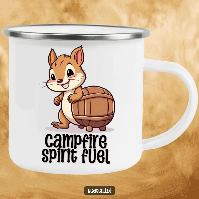 Funny Camping Mug with a smiling squirrel attempting to roll a mini whiskey bottle barrel in the wild.