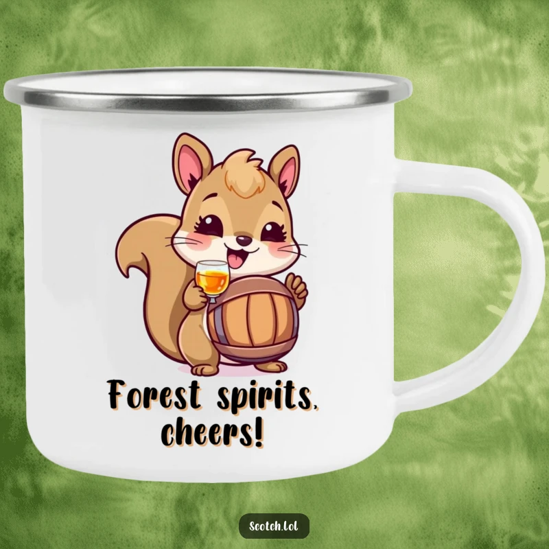 Funny Squirrel Camping Mug with a cheerful squirrel toasting with a tiny barrel, perfect for outdoor enthusiasts seeking humor.