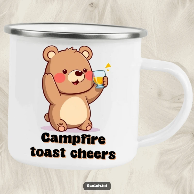 Funny Bear Camping Mug raising a small whisky glass in a toast, a durable and humorous mug for outdoor excursions.