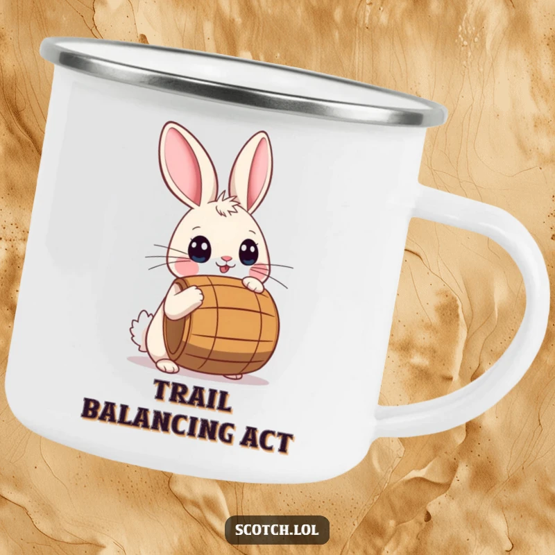 Funny Camping Mug with a playful rabbit with wide eyes balancing a small barrel on its nose in nature.