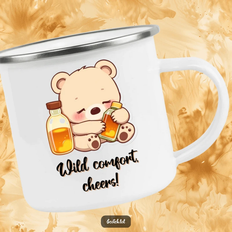 Funny Bear Cub Camping Mug with a contented cub snuggled with a glowing bottle, perfect for outdoor relaxation.
