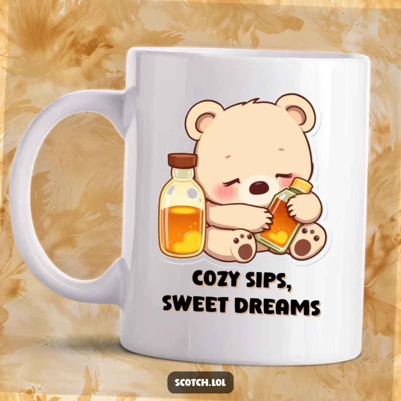 Funny Bear Cub Mug showing a contented cub snuggled with a glowing bottle, embodying cozy relaxation and warmth.
