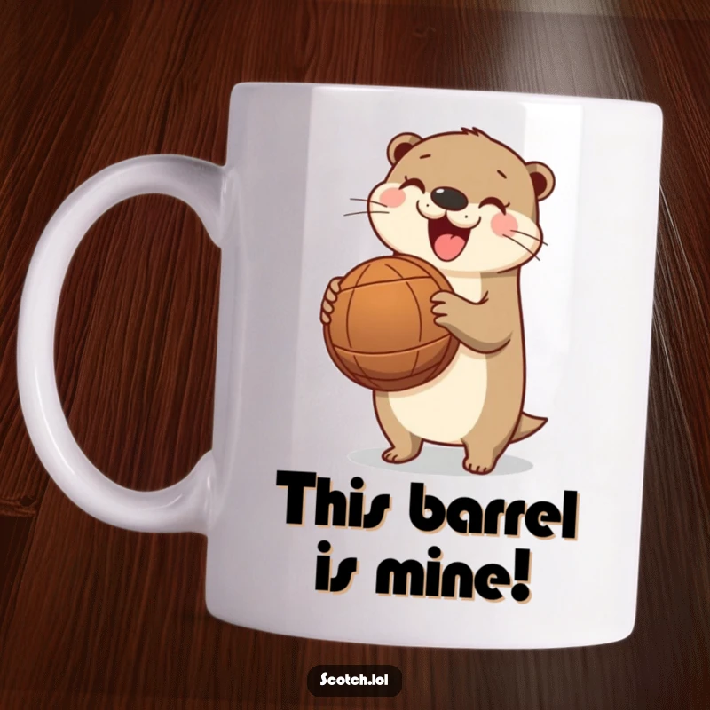 Funny otter mug, a playful otter holds a barrel with a wide happy smile, bringing river joy and humor.