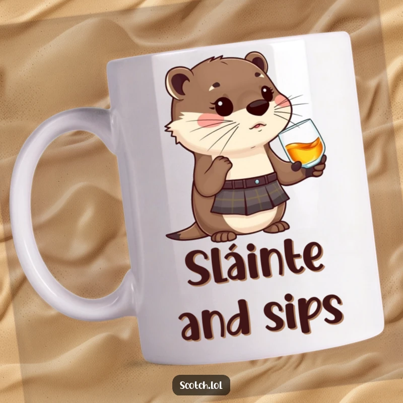 Funny Otter Mug wearing a kilt, happily sipping whisky, a cute and humorous design perfect for gift-giving.