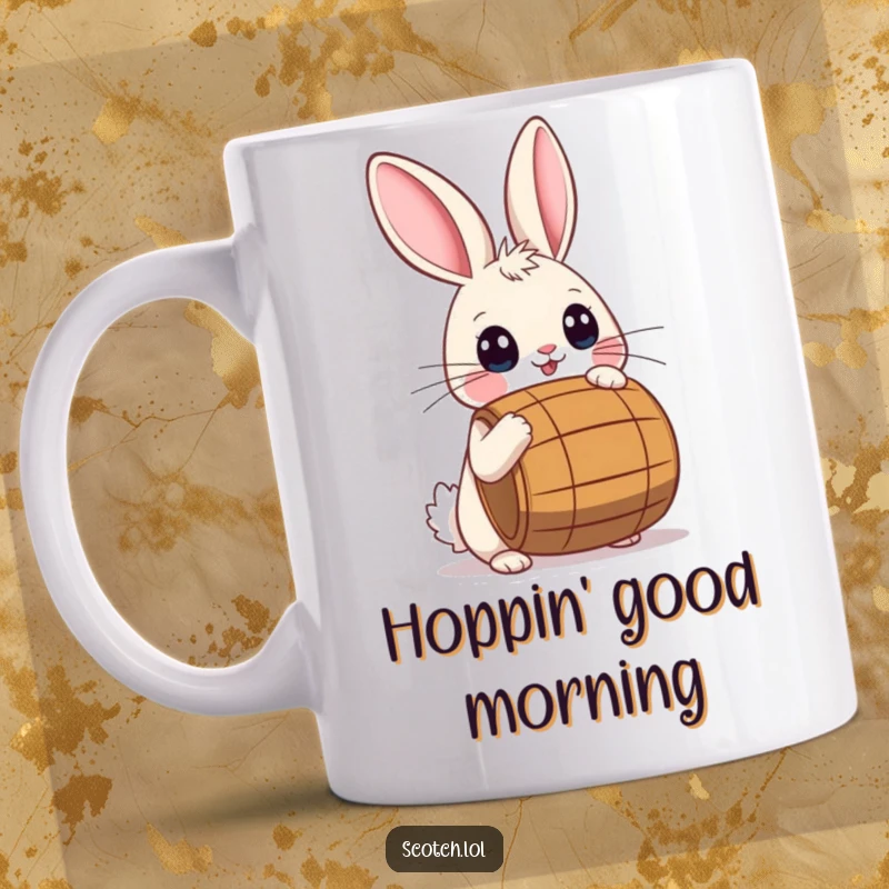 Funny Mug featuring a playful rabbit with wide eyes precariously balancing a small barrel on its nose.