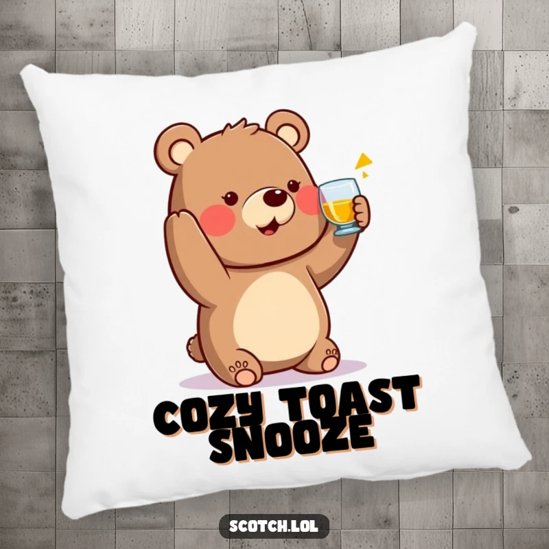 Funny Bear Pillow raising a small whisky glass in a toast, a soft and humorous decorative accent.