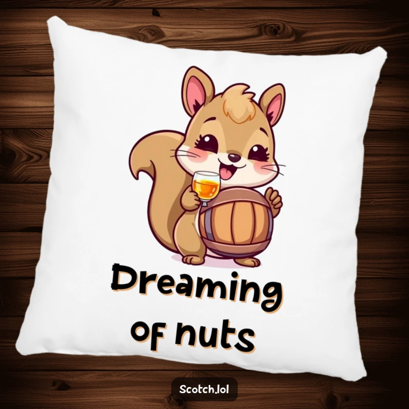 Funny Squirrel Pillow featuring a cheerful squirrel toasting with a miniature barrel, offering cozy comfort and woodland humor.