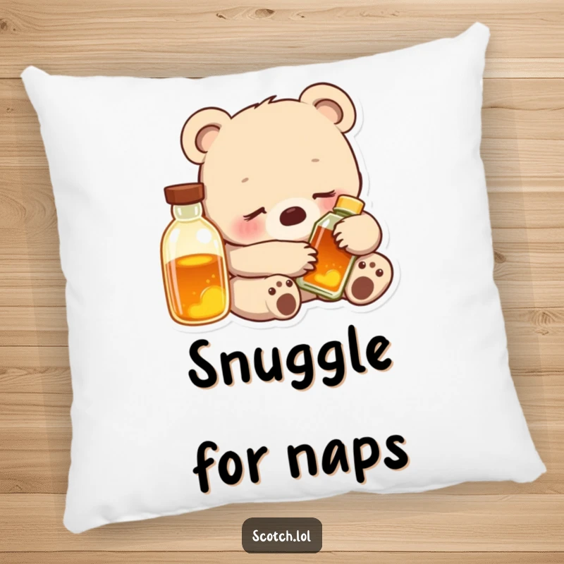 Funny Bear Cub Pillow featuring a contented cub snuggled with a glowing bottle, offering soft comfort and gentle humor.