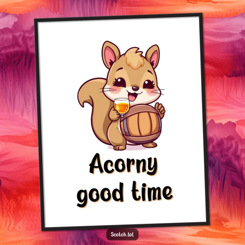 Funny Squirrel Digital Art Print of a cheerful squirrel toasting with a tiny barrel, perfect for instant download and humorous decor.