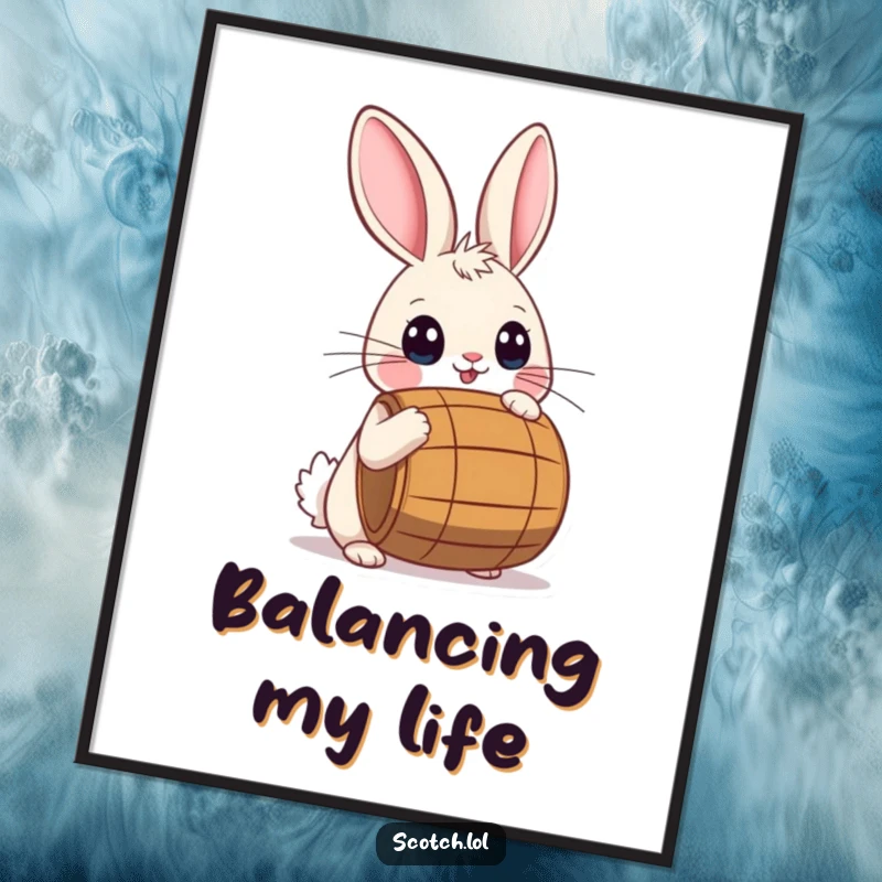 Funny Digital Art Print of a playful rabbit with wide eyes balancing a small barrel on its nose.