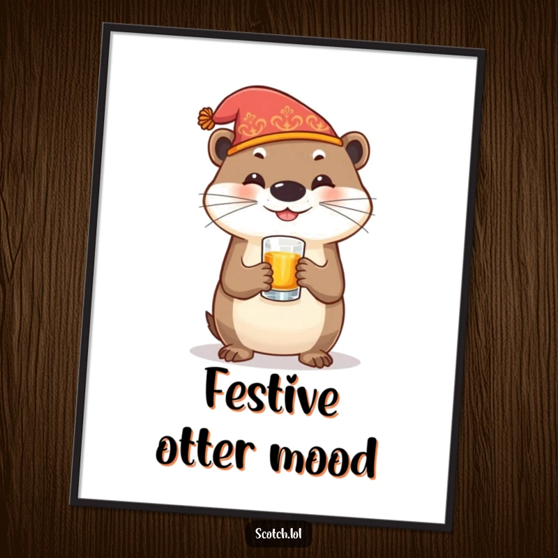 Funny Otter Digital Art Print of a festive otter holding a whiskey glass, perfect for instant download and humorous decor.