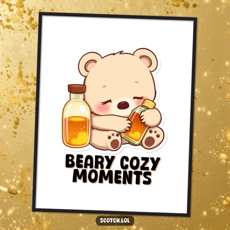 Funny Bear Cub Digital Art Print of a contented cub snuggled with a glowing bottle, perfect for instant download and humorous decor.