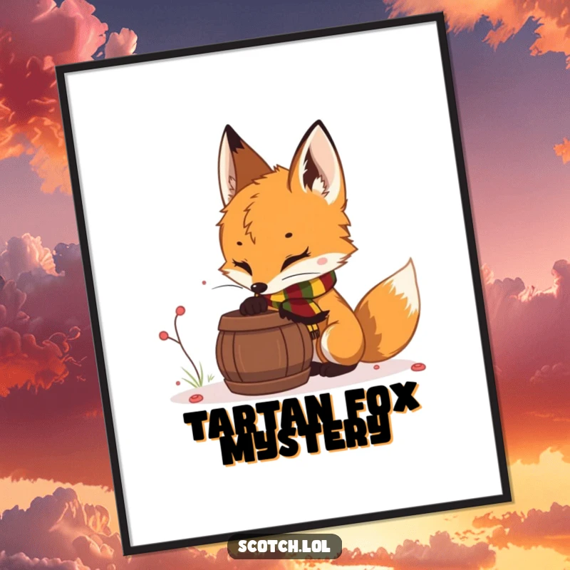 Funny fox cub digital art print, showing a curious fox cub with a scarf sniffing a barrel, creating instant woodland charm.