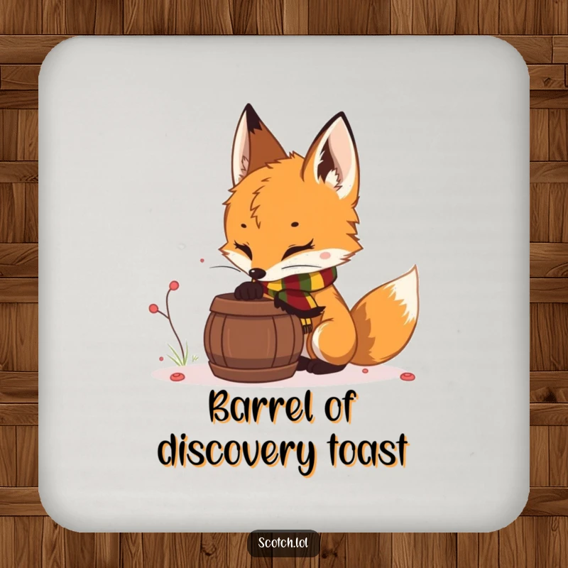 Funny fox cub drink coasters, protecting surfaces with woodland flair, a fox cub in a scarf sniffing a barrel.