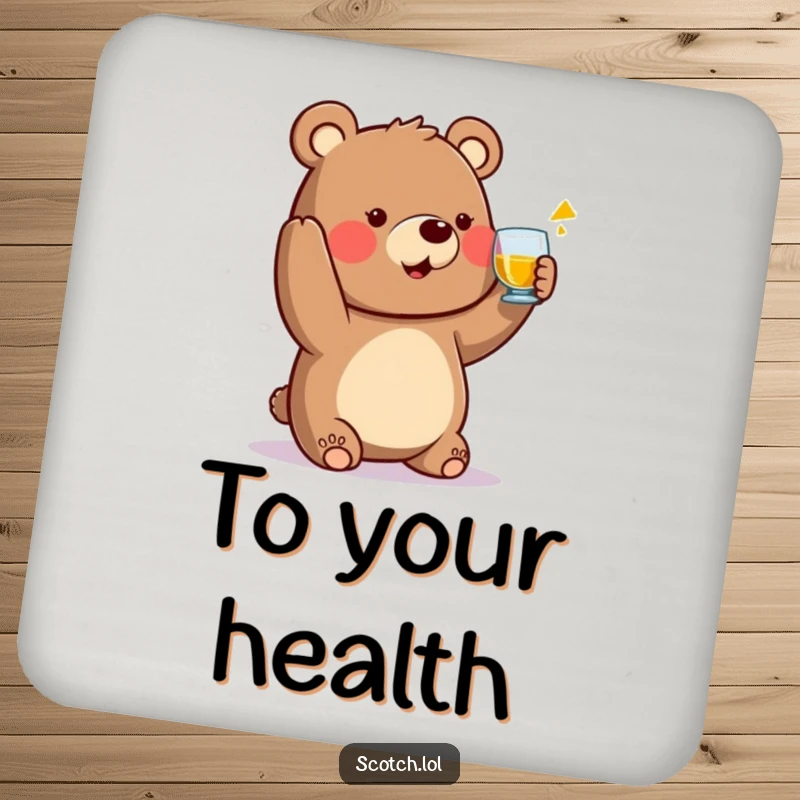 Funny Bear Coaster raising a small whisky glass in a toast, a humorous and practical drink accessory.