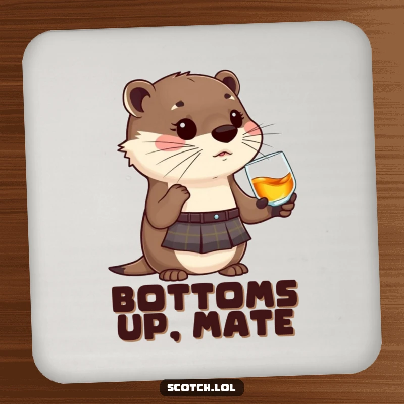 Funny Otter Coaster wearing a kilt, holding a whisky glass, a humorous and practical drink accessory.