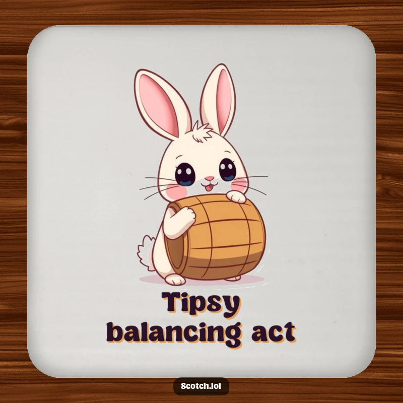 Funny Drink Coasters featuring a playful rabbit with wide eyes balancing a small barrel on its nose.