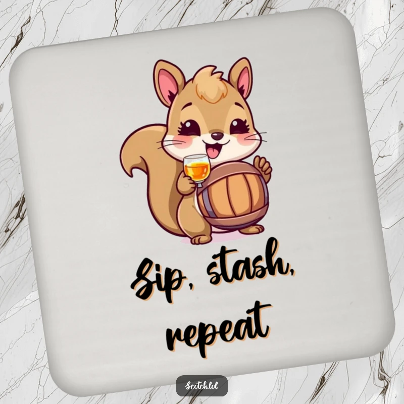 Funny Squirrel Coaster set featuring cheerful squirrels toasting with miniature barrels, offering protection with woodland humor.