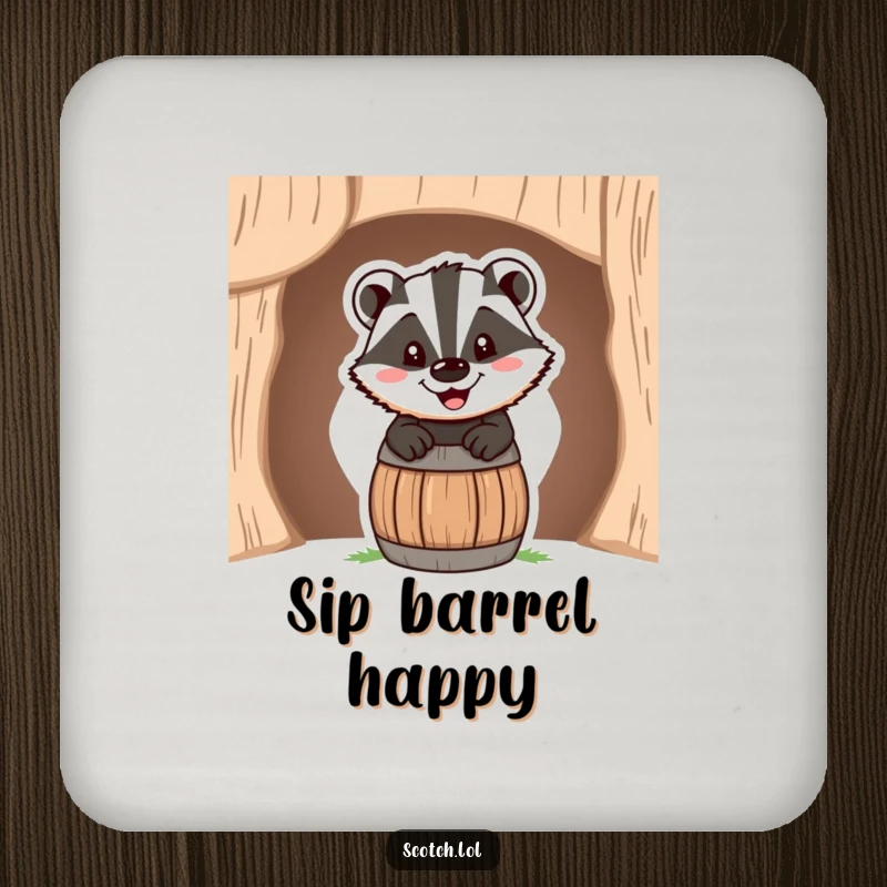 Funny Drink Coaster with a happy badger peeking from a miniature barrel, its cheerful grin protecting surfaces.
