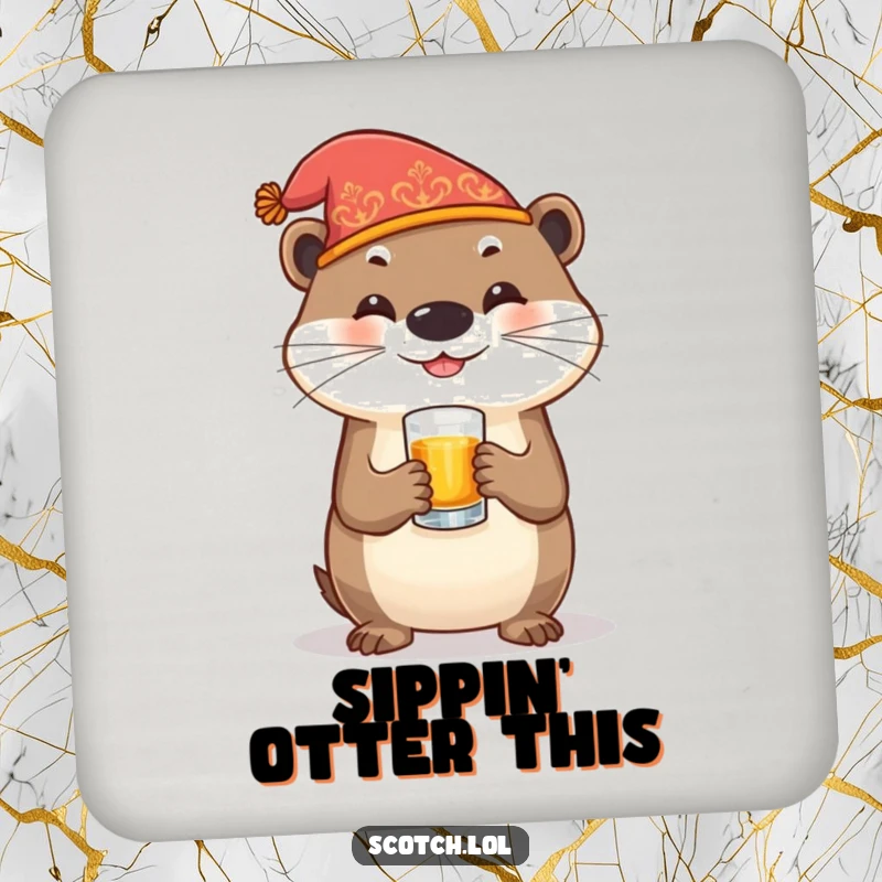 Funny Otter Coaster set featuring festive otters holding whiskey glasses, offering protection with playful humor.