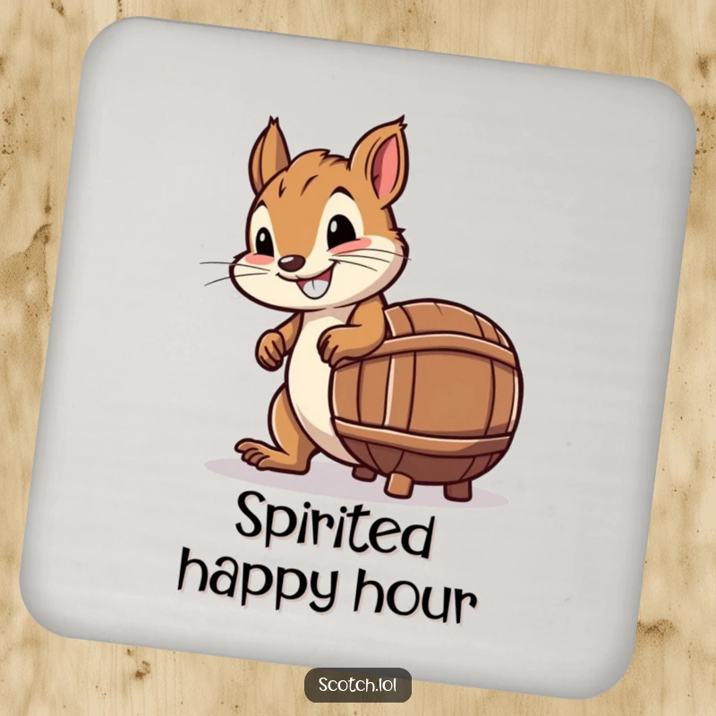Funny Drink Coasters featuring a smiling squirrel attempting to roll a tiny barrel shaped like a whiskey bottle.
