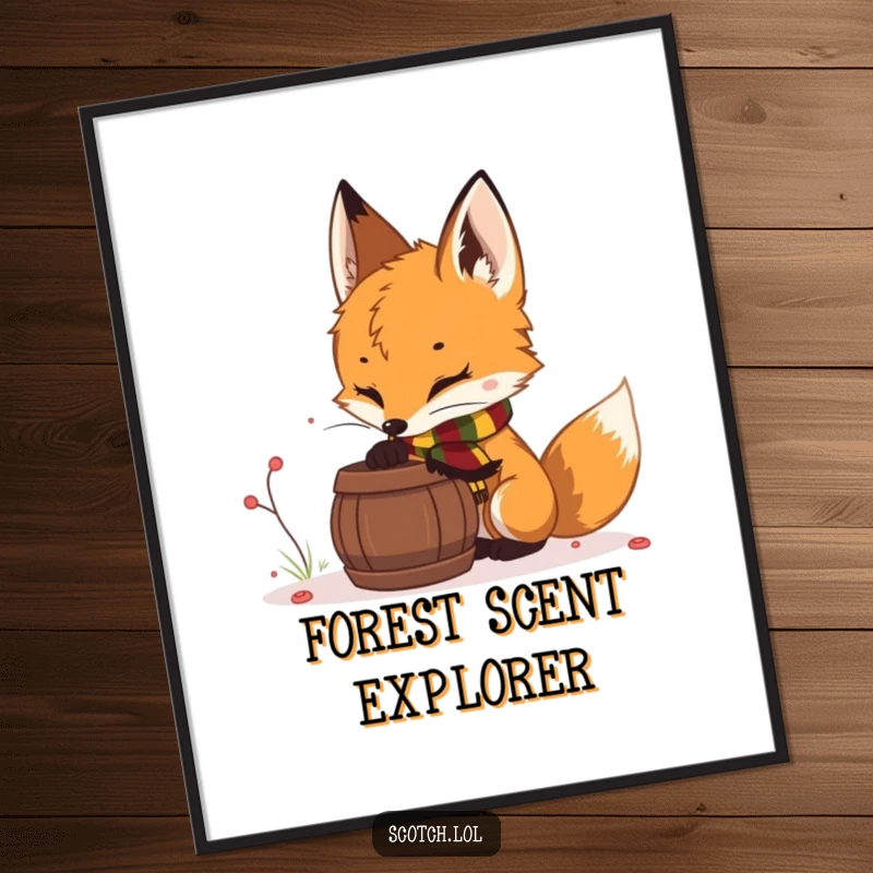 Funny fox cub poster, woodland art, a curious fox cub with a scarf sniffing a barrel, adding forest charm.
