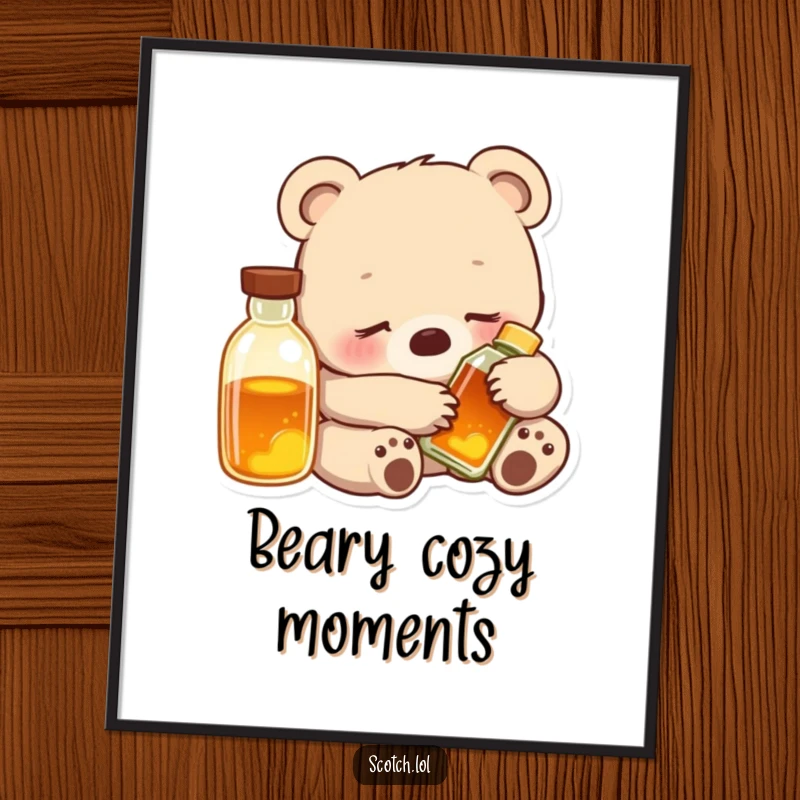 Funny Bear Cub Poster depicting a contented cub snuggled with a glowing bottle, bringing cozy charm and humor.