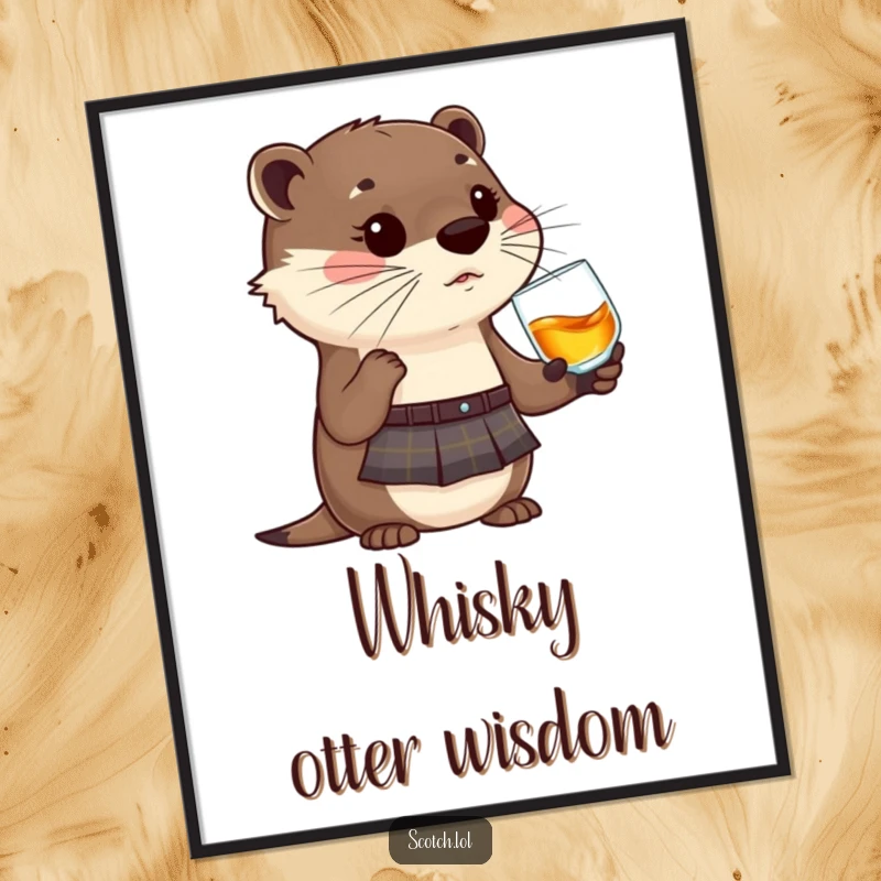 Funny Otter Poster in a kilt, holding a whisky glass, a humorous and cute piece of wall art.
