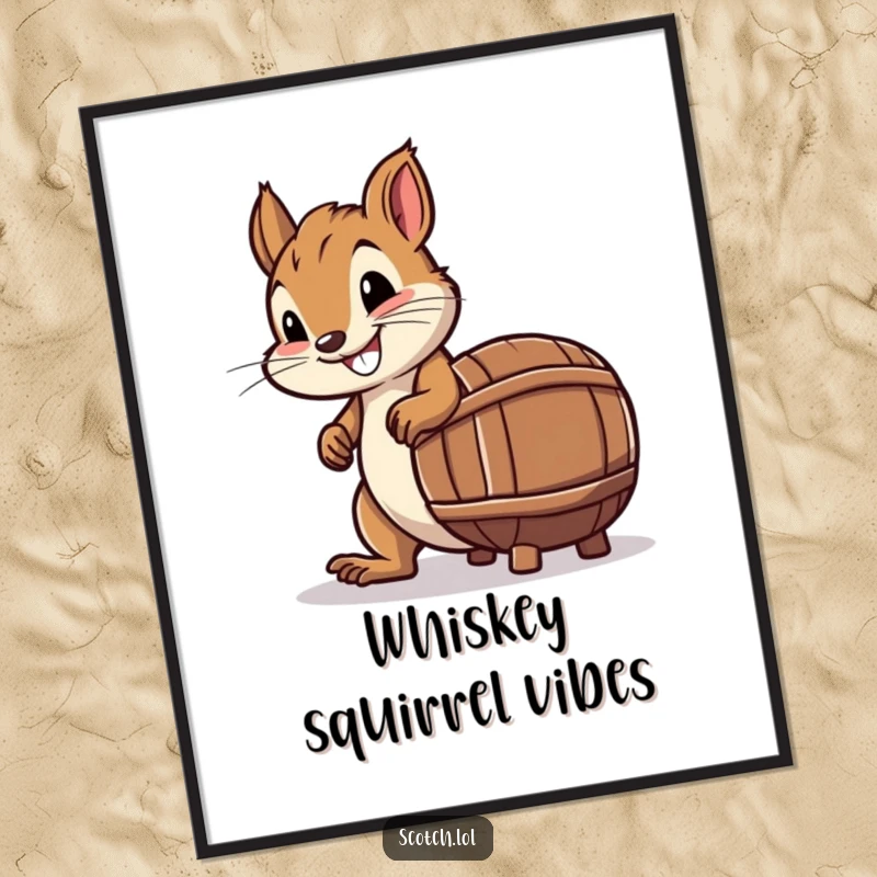Funny Poster of a smiling squirrel trying to roll a miniature barrel that looks like a whiskey bottle.