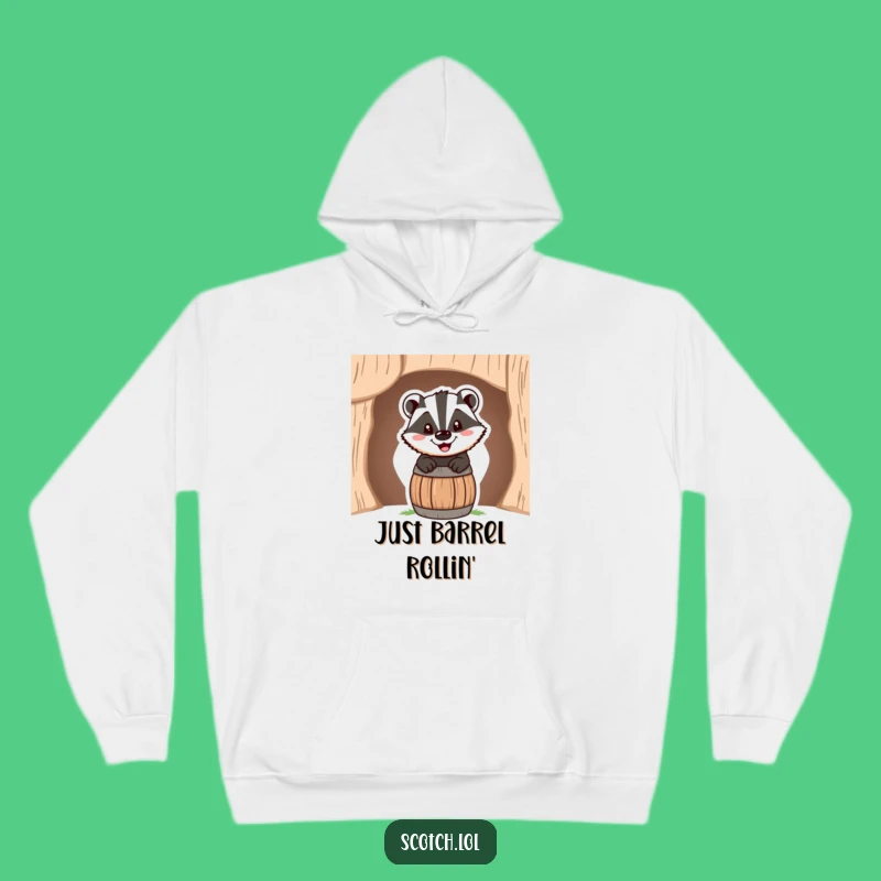 Cozy Funny Badger Barrel Hoodie: Cheerful Grin Sweatshirt, Warm Whimsical Gift