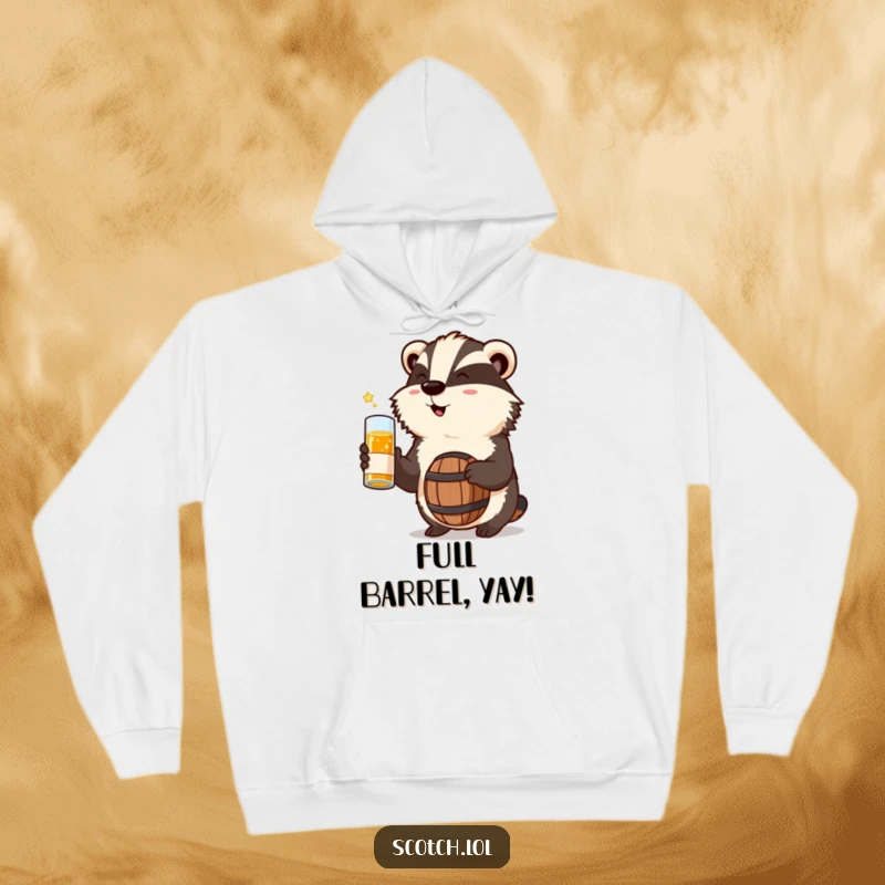 Funny Badger Hoodie holding a miniature whisky barrel, a warm and humorous apparel choice for gift-giving.