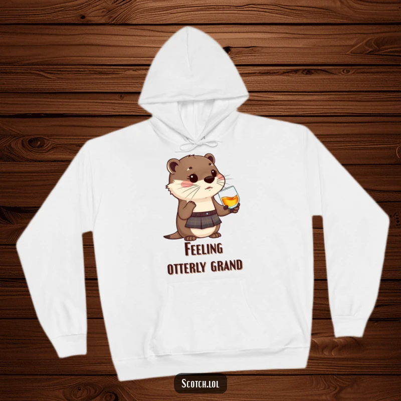 Funny Otter Hoodie wearing a kilt, sipping whisky, a warm and humorous apparel choice for gift-givers.