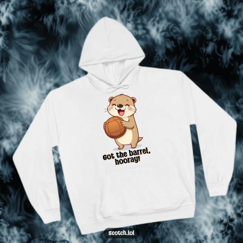 Funny otter hoodie, cozy and warm, featuring a happy otter holding a barrel, perfect for animal lovers.
