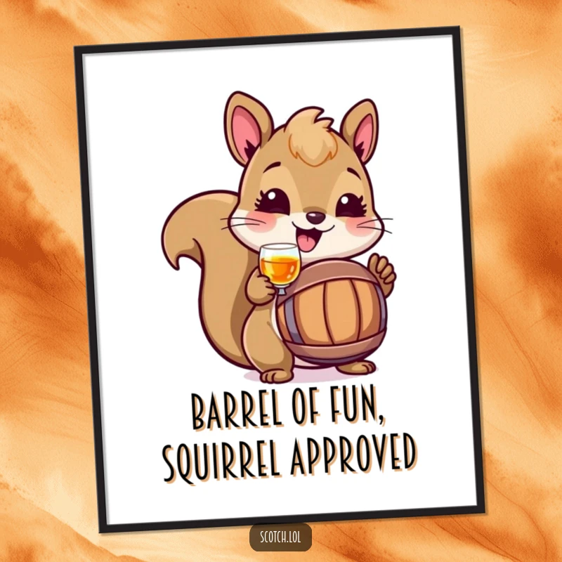Funny Free Printable Wall Art: Cheerful squirrel raising a miniature barrel of amber liquid, perfect for a rustic space.