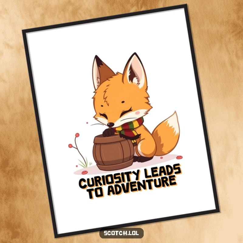 Funny Free Printable Wall Art: Curious fox cub wearing a scarf sniffs a barrel, whimsical downloadable woodland decor.