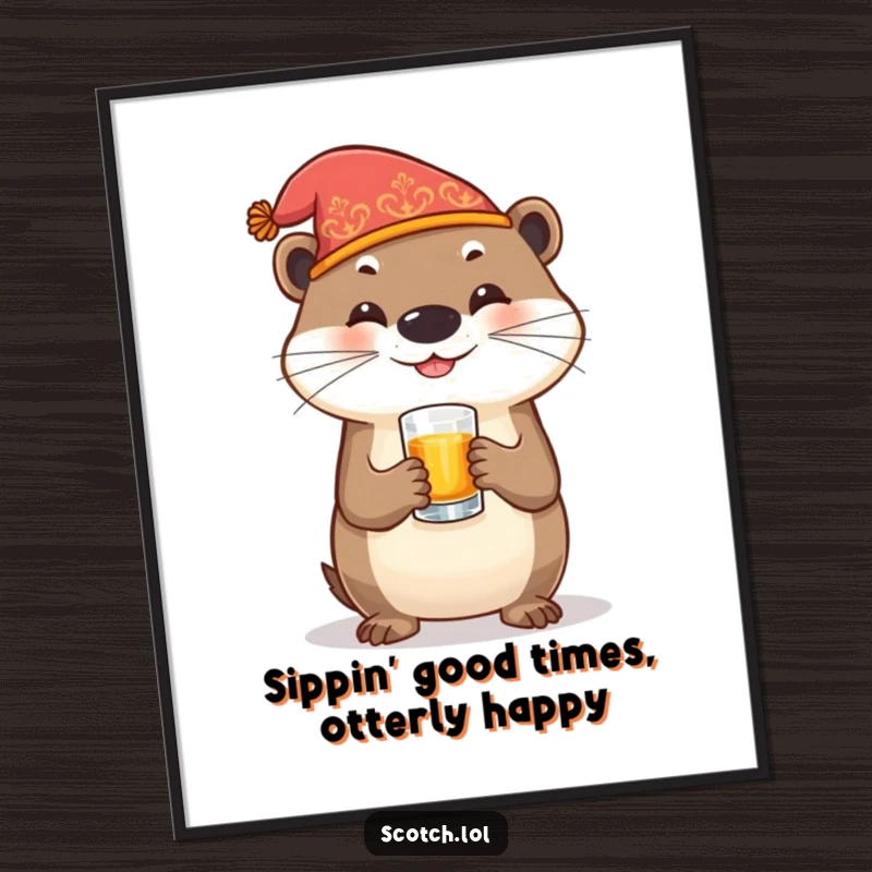 Funny Free Printable Wall Art: Happy otter in a festive hat holds a whiskey glass, ready for a good time.
