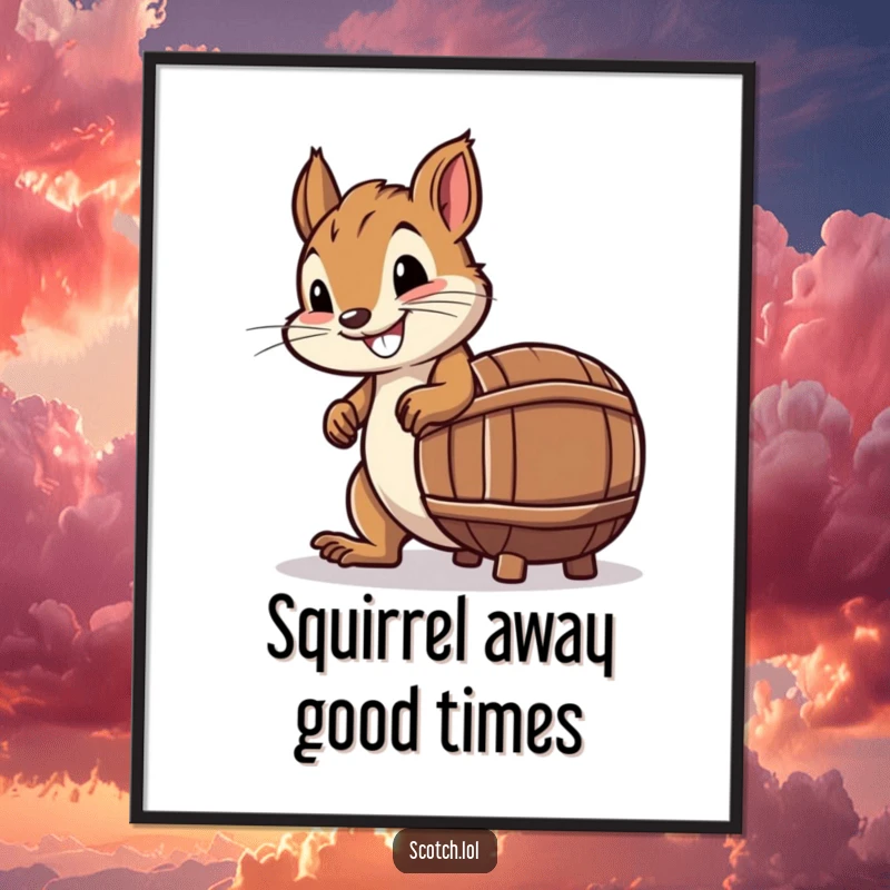 Funny Free Printable Wall Art: A determined squirrel rolling a tiny whiskey barrel, a comical and spirited piece of downloadable art.