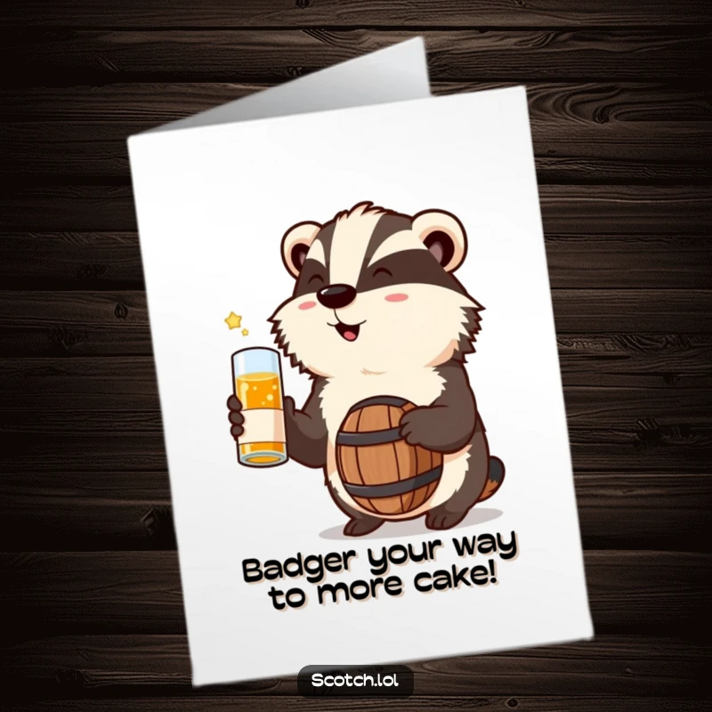 Funny free printable birthday card: A happy badger character cheers enthusiastically with a miniature whisky barrel as a gift.