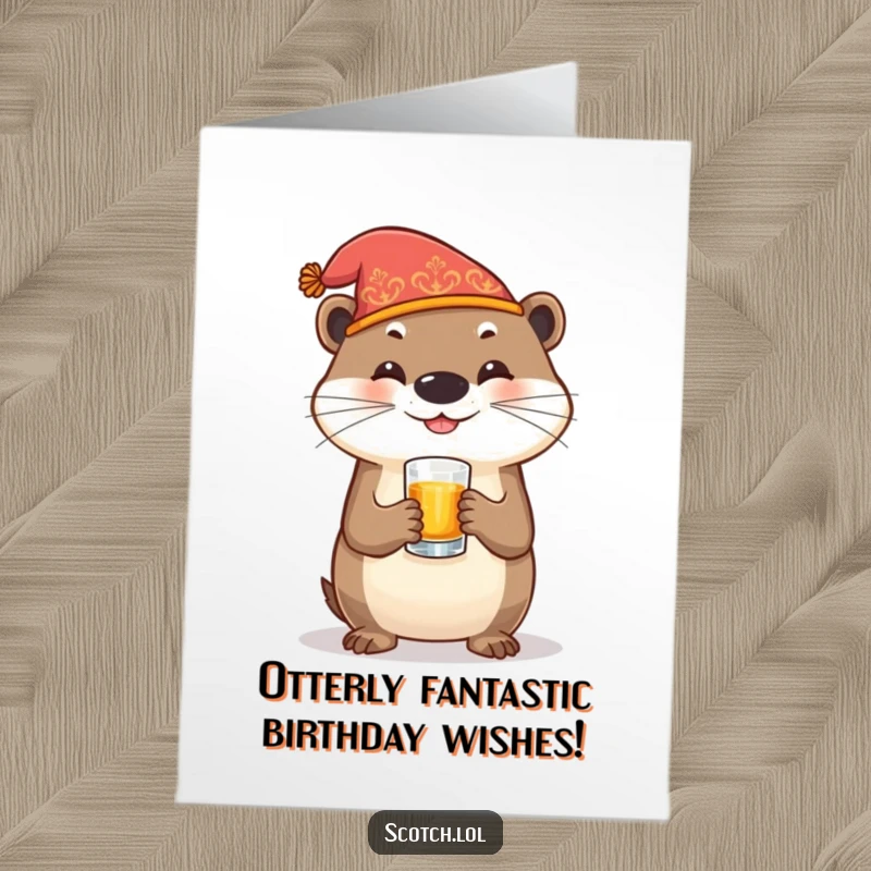 Funny Free Printable Birthday Card: Happy otter in a hat toasts with whiskey, ready to party for a birthday.