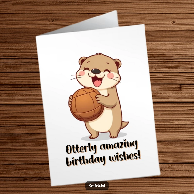 Funny Free Printable Birthday Card: A happy otter holds a barrel, a delightful and humorous downloadable greeting for birthdays.