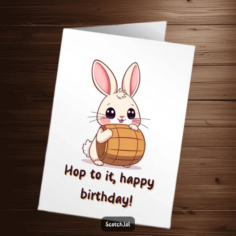 Funny Free Printable Birthday Card: Wide-eyed rabbit playfully balancing a small barrel on its nose, ready to celebrate with a wobble.