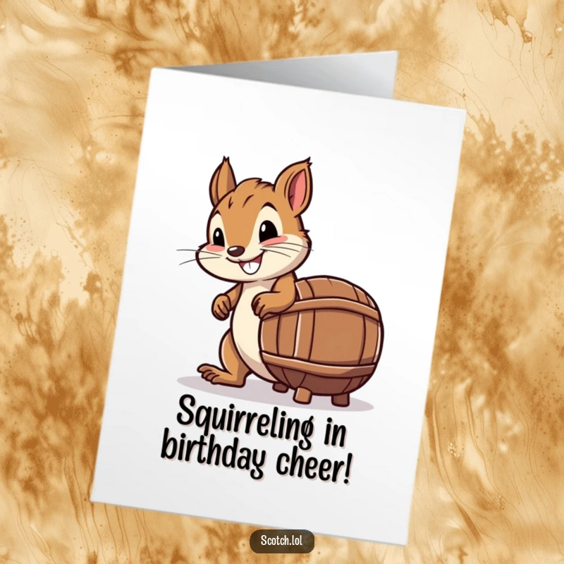 Funny Free Printable Birthday Card: A smiling squirrel with determination rolling a tiny whiskey bottle barrel, ready for a wild celebration.