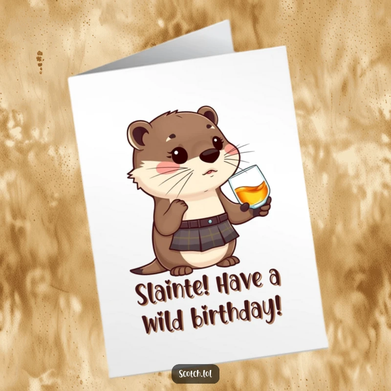 Funny free printable birthday card: Cute otter in kilt sips whisky, wishing you a happy birthday with holiday cheer.